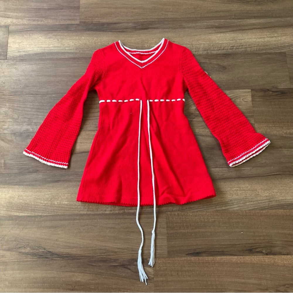 Vintage 1970s Red Crochet Mini Bell Sleeve Dress Hippy